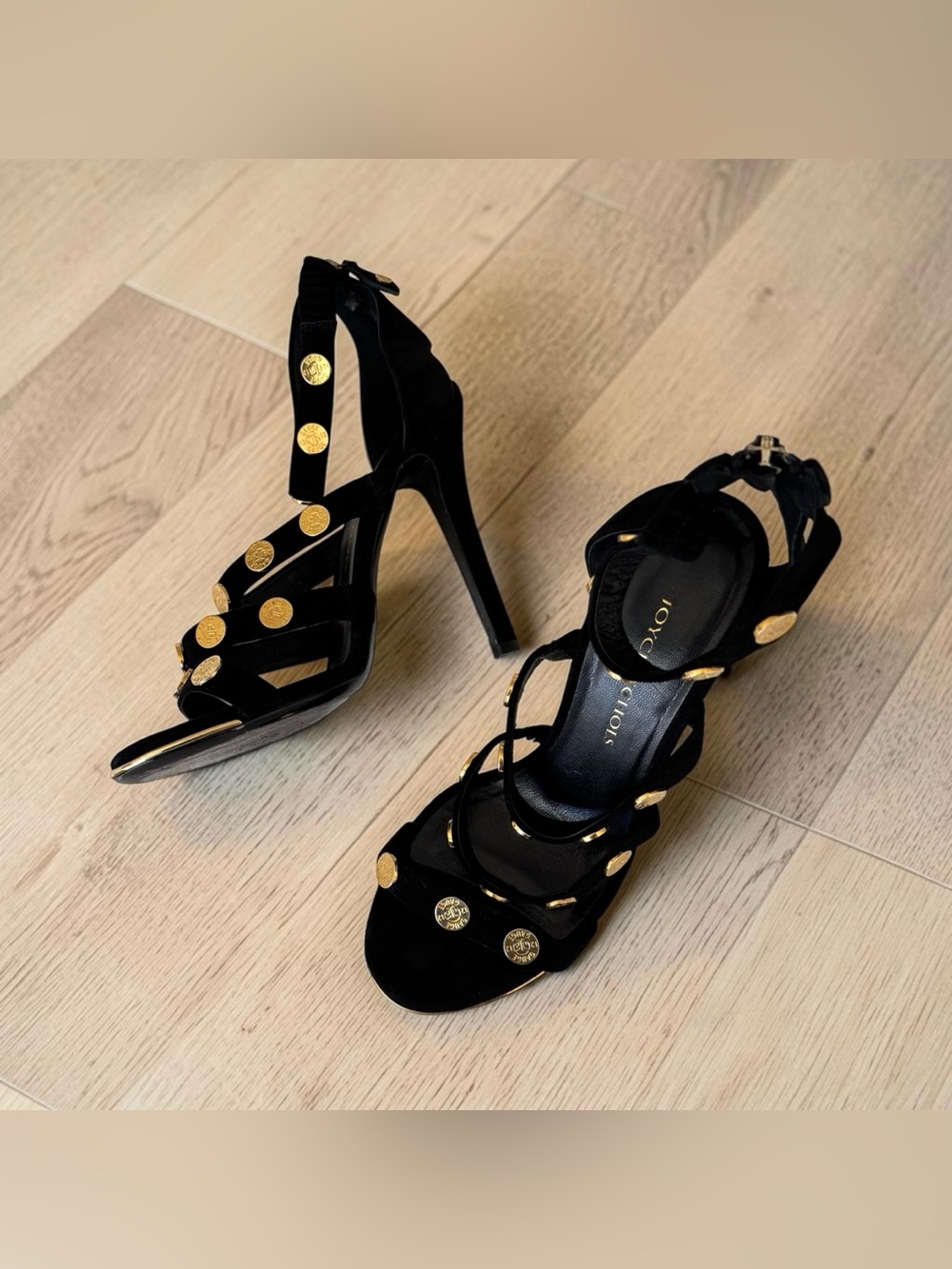 Joyce Echols Black Suede Gold Tone Bullet Shell Medallion Stiletto Heels